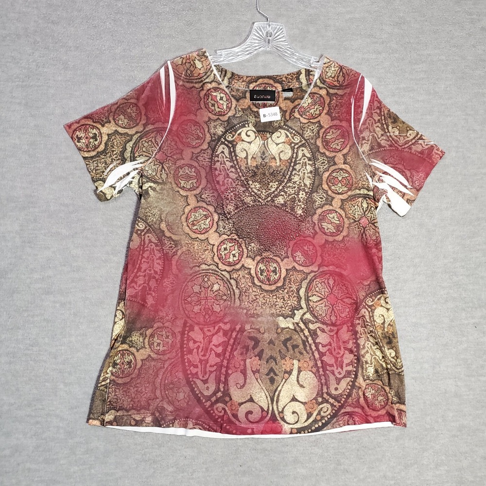 Avenue Women Top 14/16 Red Tie Dye Tunic Shirt Rhinestones Short Sleeve